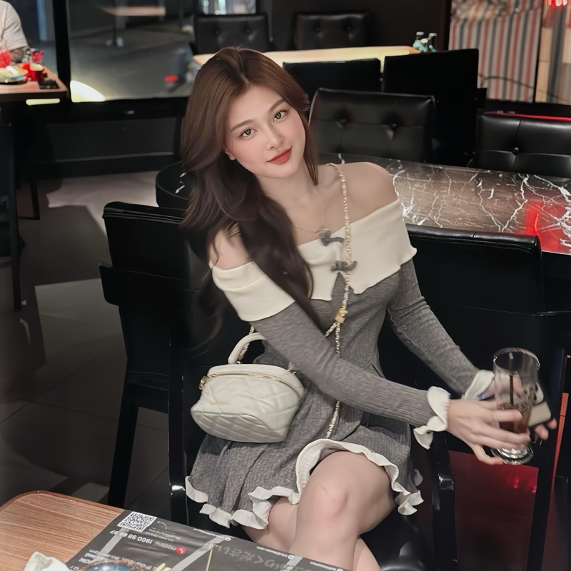 Váy Trễ Vai Tiểu Thư Bo Tăm Dáng Xoè Phối Trắng 2 Nơ Nhỏ Có Quần Trong | BigBuy360 - bigbuy360.vn