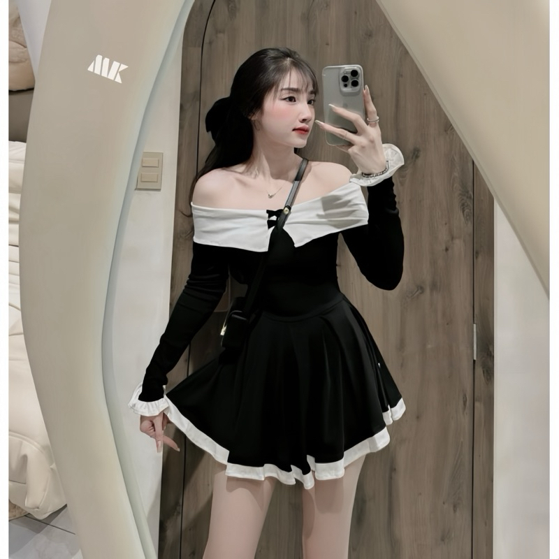 Váy Trễ Vai Tiểu Thư Bo Tăm Dáng Xoè Phối Trắng 2 Nơ Nhỏ Có Quần Trong | BigBuy360 - bigbuy360.vn