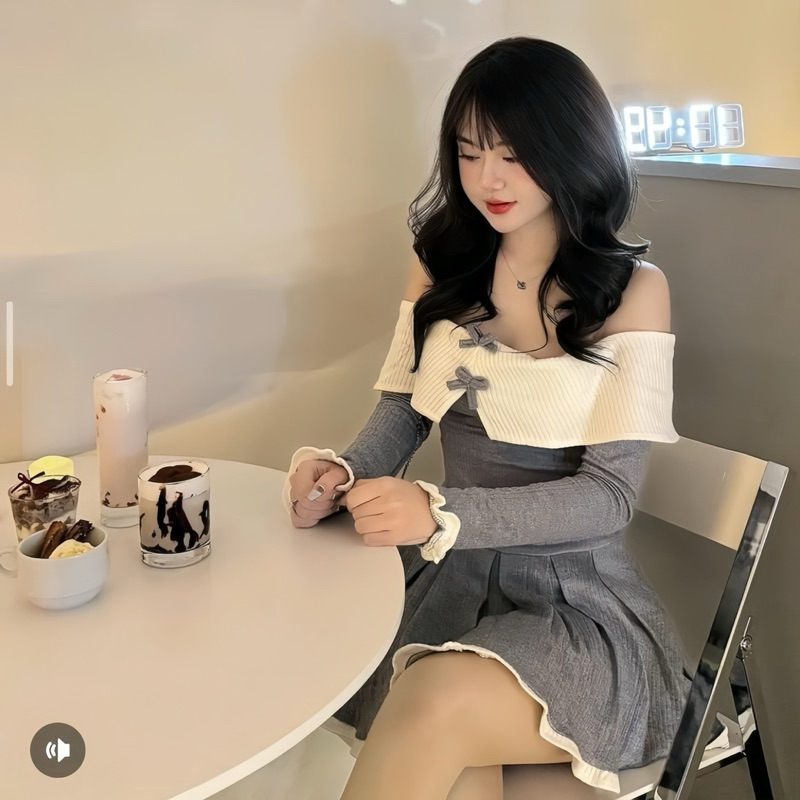 Váy Trễ Vai Tiểu Thư Bo Tăm Dáng Xoè Phối Trắng 2 Nơ Nhỏ Có Quần Trong | BigBuy360 - bigbuy360.vn