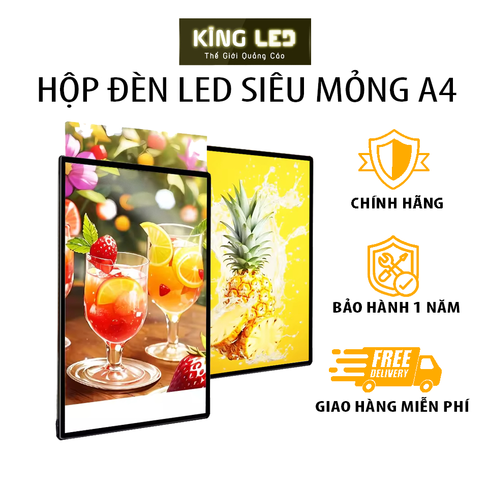 Tranh Điện KINGLED Quảng Cáo Một Mặt Kính Cường Lực, Menu LED Siêu Mỏng, Hộp Đèn LED A4, A3, A2