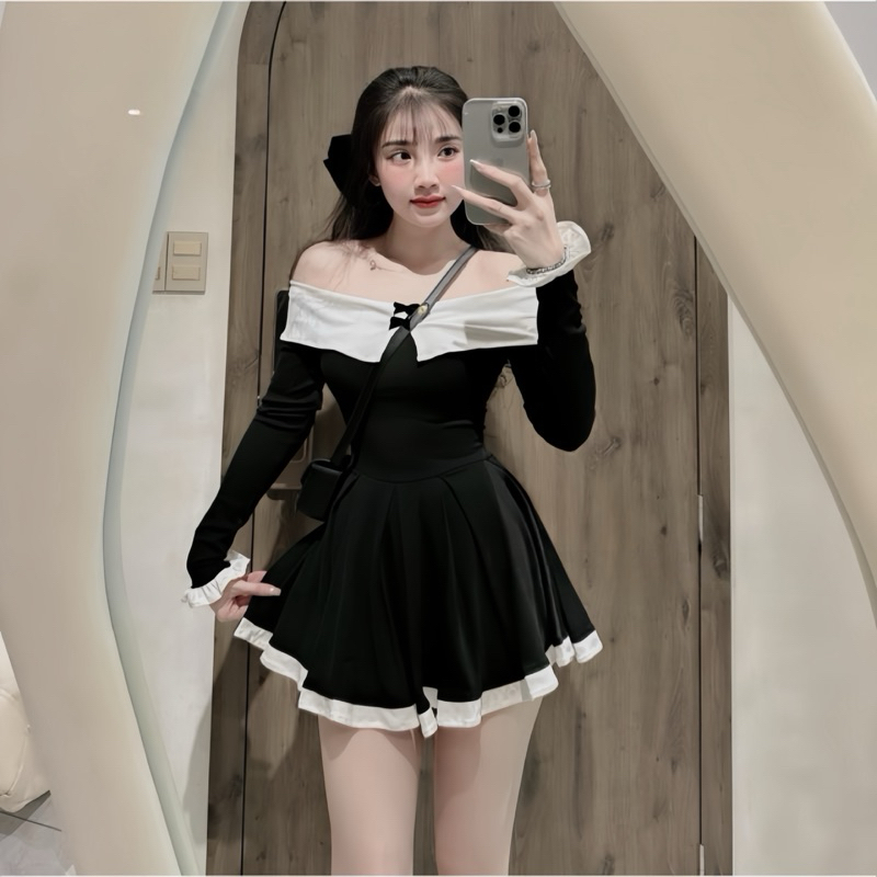 Váy Trễ Vai Tiểu Thư Bo Tăm Dáng Xoè Phối Trắng 2 Nơ Nhỏ Có Quần Trong | BigBuy360 - bigbuy360.vn