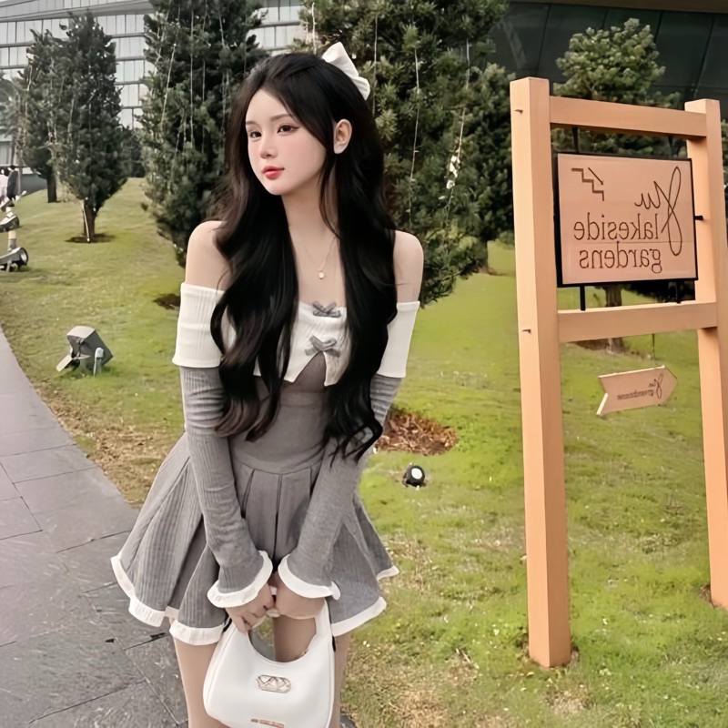 Váy Trễ Vai Tiểu Thư Bo Tăm Dáng Xoè Phối Trắng 2 Nơ Nhỏ Có Quần Trong | BigBuy360 - bigbuy360.vn