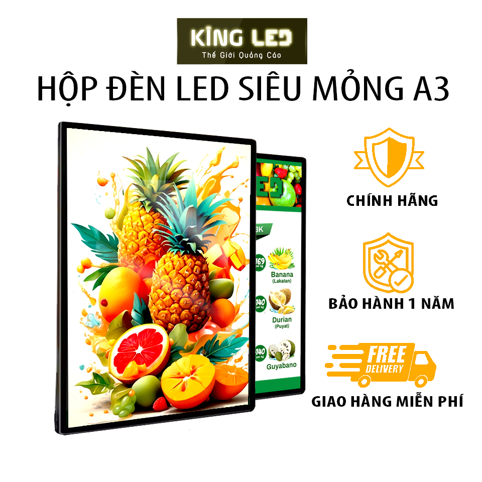 Hộp Đèn KINGLED Quảng Cáo Một Mặt Kính Cường Lực, Menu LED Siêu Mỏng, Tranh LED A3, A2