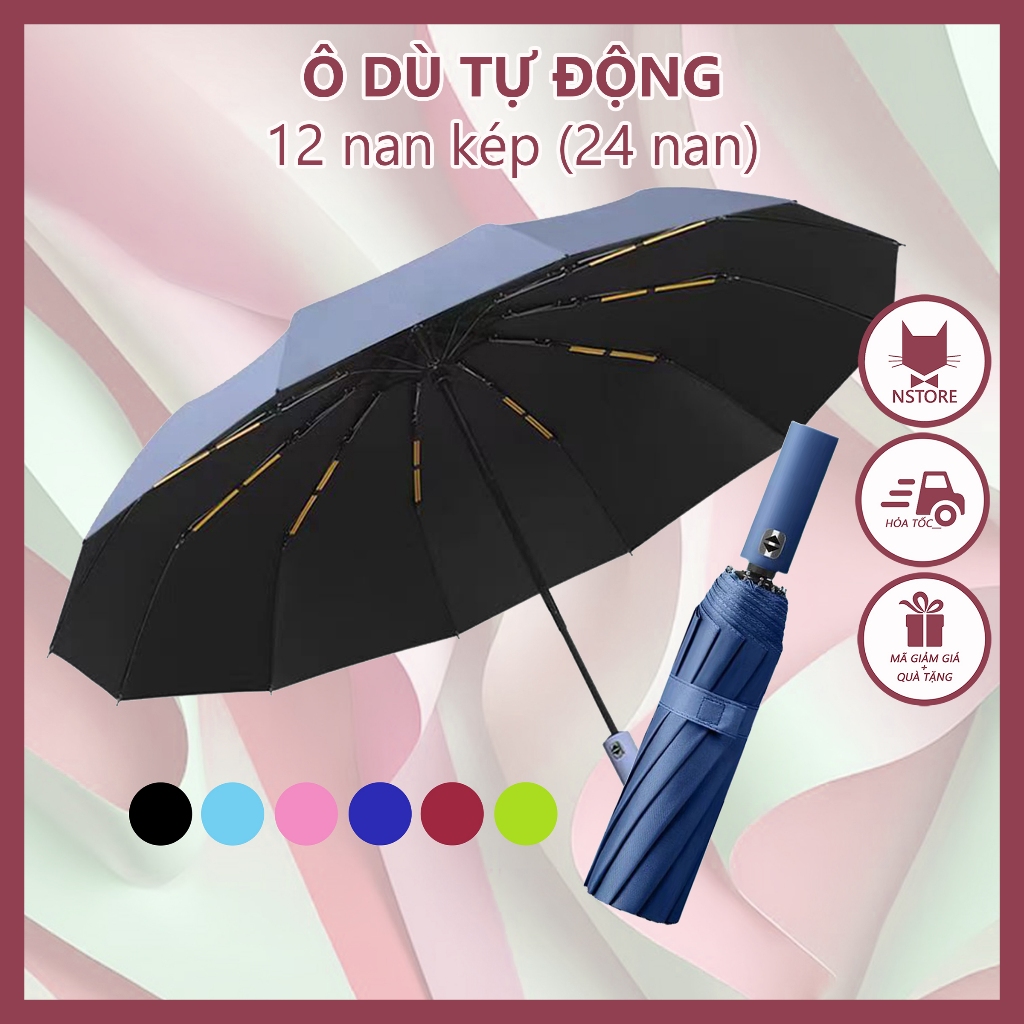 Ô Dù Gấp Gọn Dù Đi Mưa Che Nắng Chống Tia UV 24 Nan - 12 Nan Kép Tự Động (Nhiều Màu)