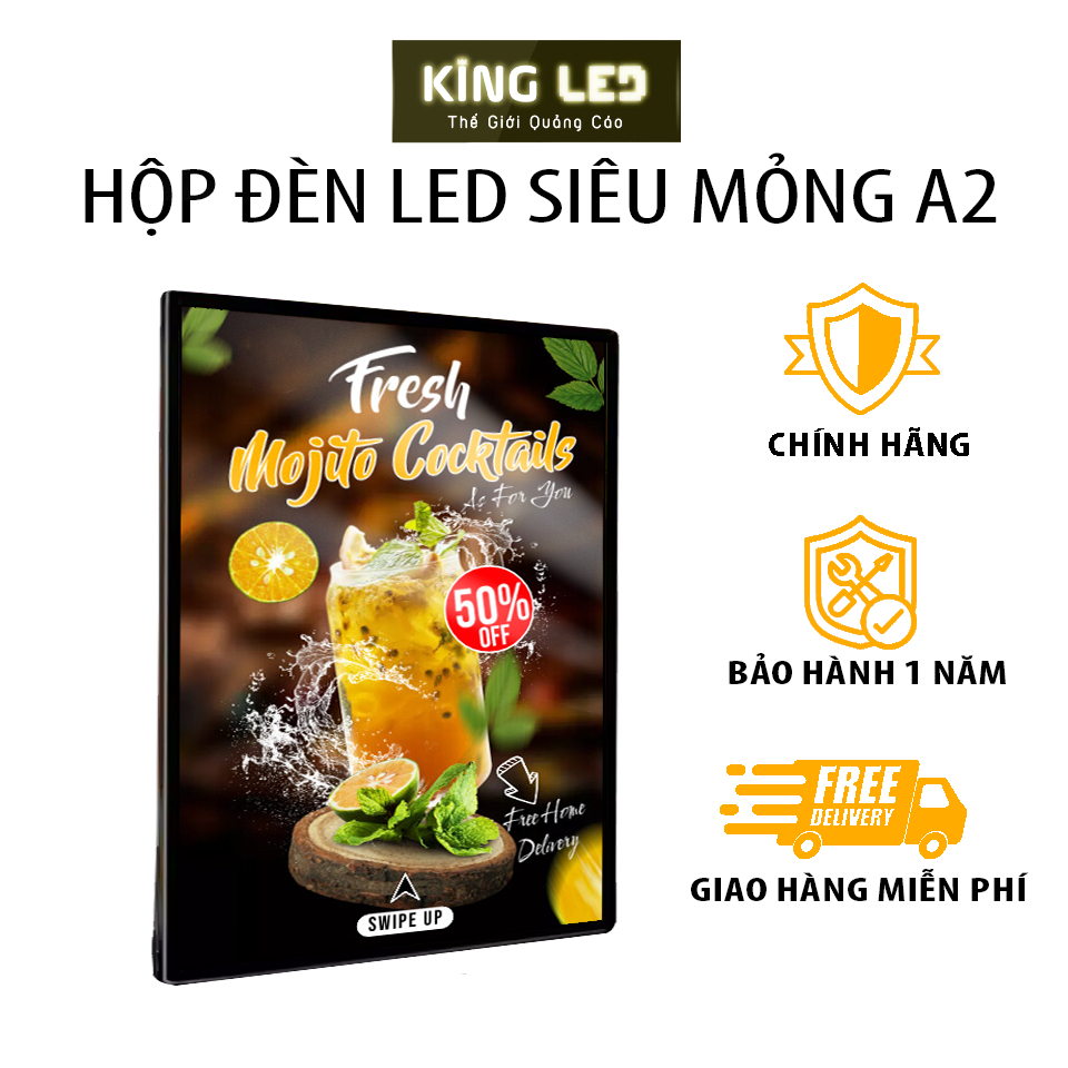 Hộp LED Điện KINGLED Quảng Cáo Một Mặt Kính Cường Lực, Menu LED Siêu Mỏng, Tranh LED A2, 50x70 cm