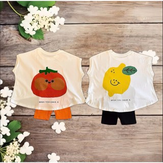  Sét wist Áo Thun Cho Bé Bộ Đồ Bé Gái Quần Lửng Áo Cộc Tay Form Rộng In Hình Quả Quần Legging Cho Bé Gái Từ 8-38kg 