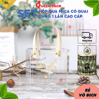 Túi Mica Trong Suốt Dáng Hộp Viền Vàng Kim Có Quai Xách Đi Kèm Đựng Quà Tặng, Hoa Quả, Bánh Kẹo Tặng Biếu Dịp Lễ