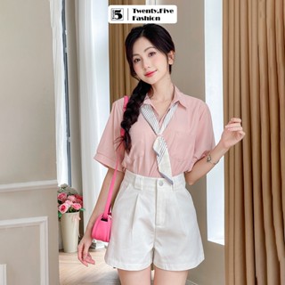 Áo sơ mi nữ công sở dạo phố cổ đức ngắn tay kèm khăn thắt nơ Twentyfive 4683