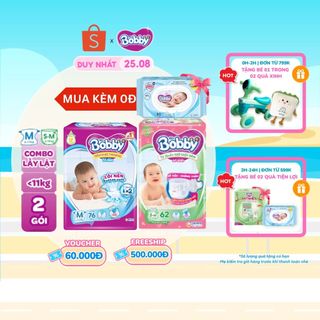 Combo lẫy lật gồm 01 gói tã dán bobby m76 miếng và 01 gói tã quần mở một bên s-m 62 miếng