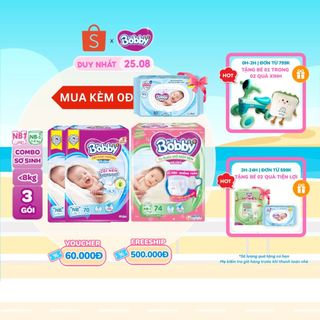 Combo sơ sinh gồm 02 gói tã dán bobby nb70 miếng và 01 gói tã quần mở một bên nb-s 74 miếng