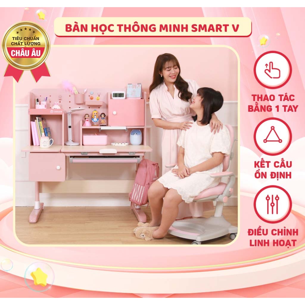 Bàn học cho bé thông minh Chilux Smart V - Cao cấp, chống gù, chống cận, có đồng hồ báo giờ