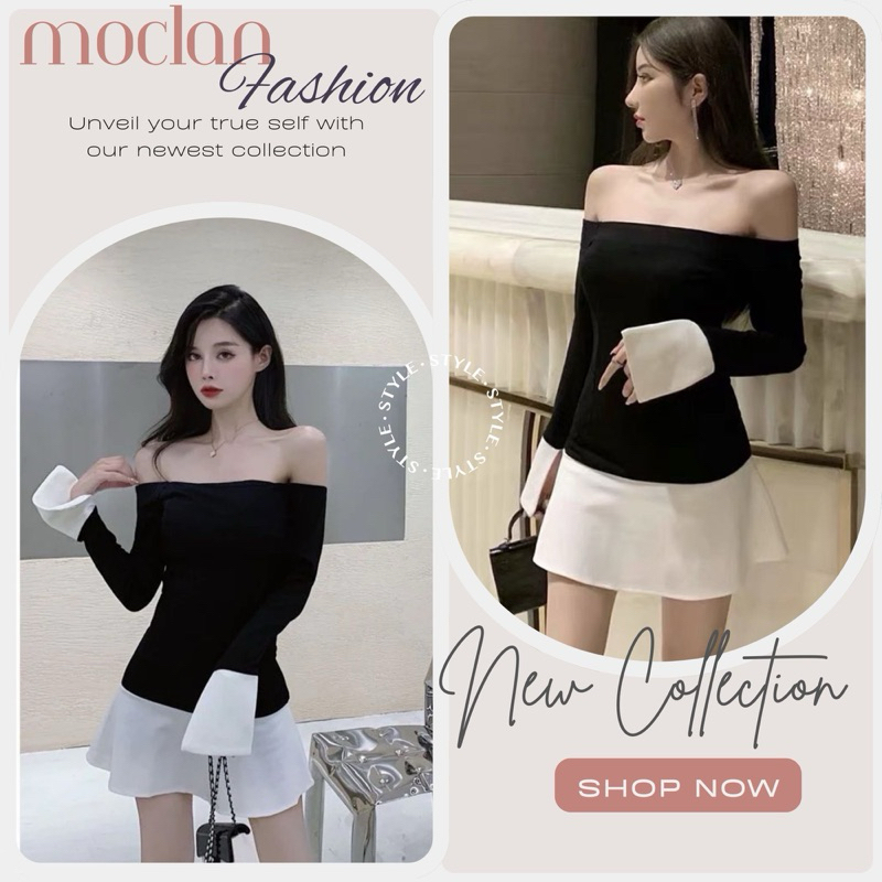(Moclanclothing ) váy trễ vài 2 màu đen- trắng tay loe xinh xắn