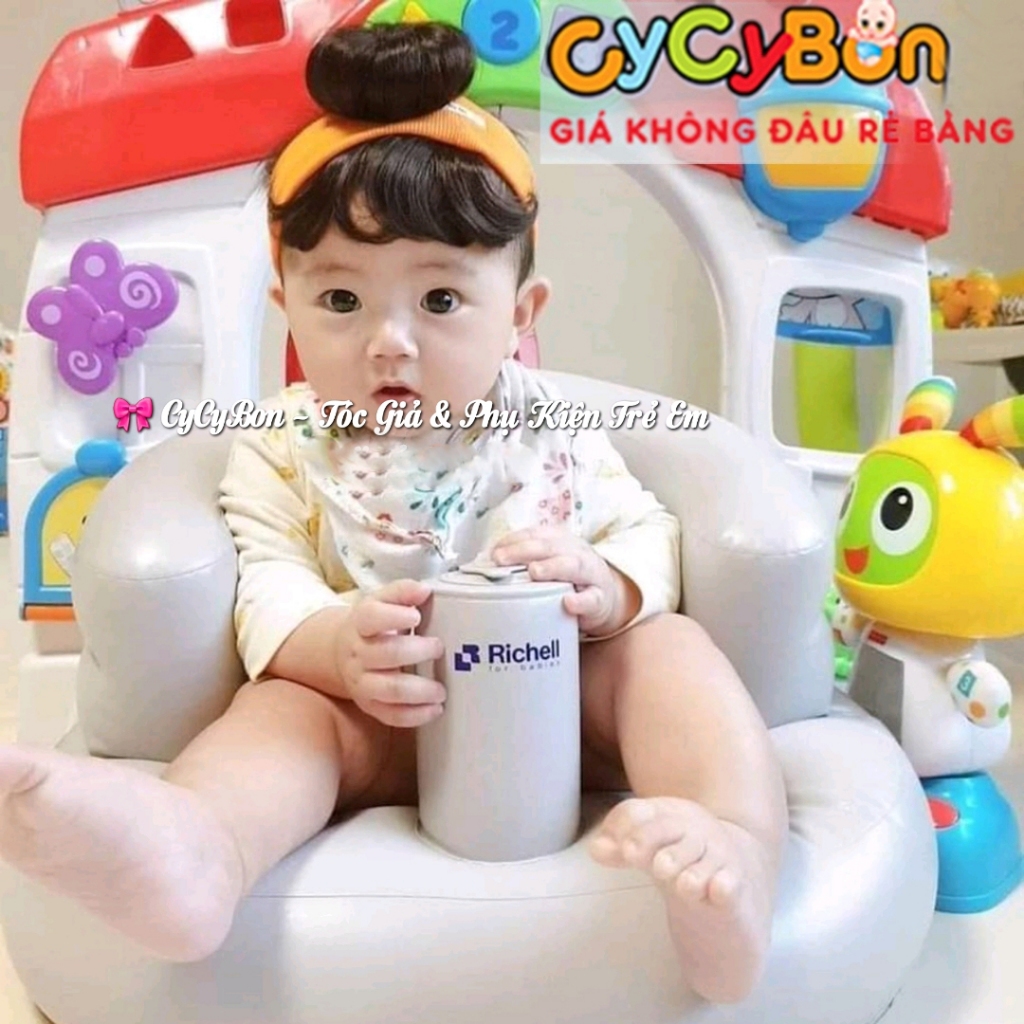 Băng Đô Turban Cho Bé Gái Tóc Giả Có Mái Và Búi Chỏm Màu Cam Thun Len Co Giãn Theo Cỡ Đầu Bé !
