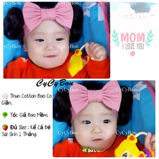 Băng Đô Turban Cho Bé Gái Thun Cotton Nơ Hồng Ruốc Kèm Tóc Giả Hai Bên