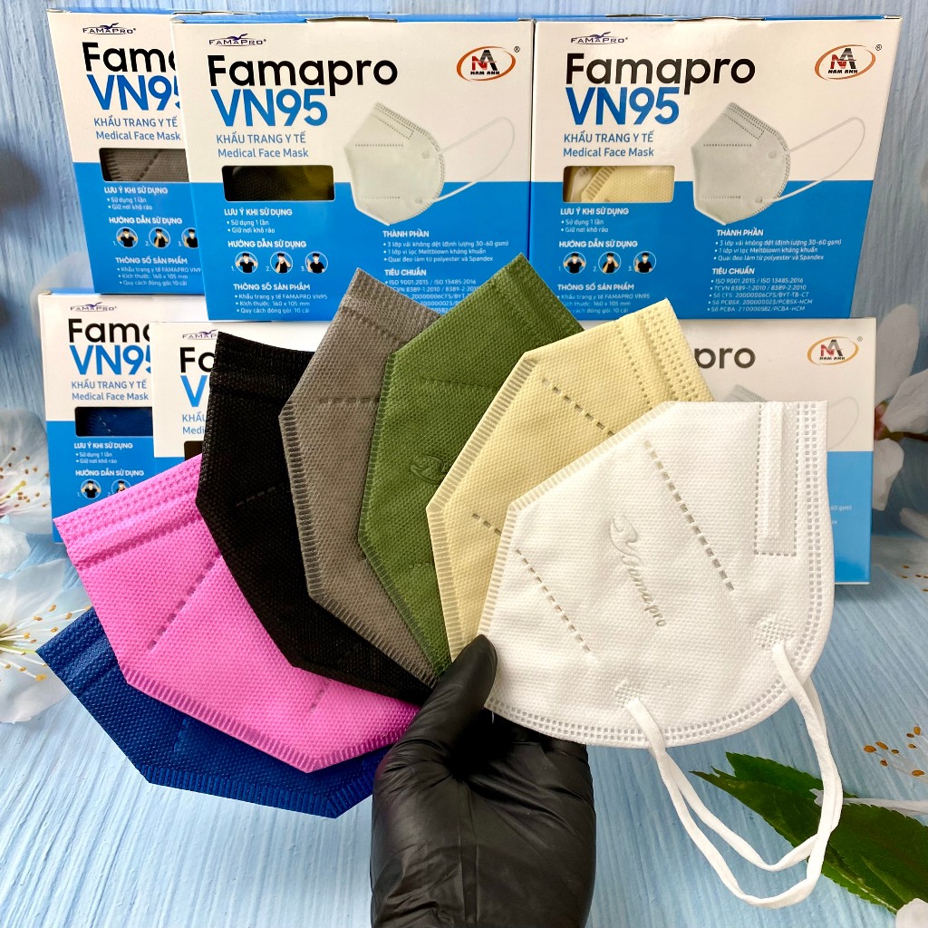 Khẩu trang VN95 Nam Anh FAMAPRO  10 cái/ hộp kháng khuẩn 7 màu Trắng / Đen / Xanh / Rêu / Xám / Hồng