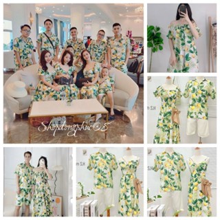 Set đôi đi biển, set hoa quả đi biển, áo sơ mi hoa quả, váy đũi