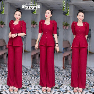 TH38- SÉT ĐỒ BỘ THUN XỐP, ÁO CỔ NỮ HOÀNG - QUẦN ỐNG SUÔNG