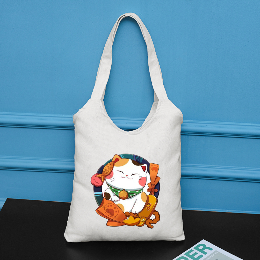 Túi Tote Đeo Vai GINKO Có Khóa Kéo Miệng Túi In Hình Mèo Thần Tài(36x38x5cm) GK20