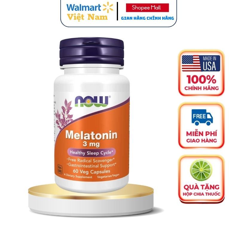 Viên hỗ trợ ngủ ngon Now Melatonin 3mg hộp 60 viên của Mỹ giúp giảm stress, hỗ trợ an thần đi vào giấc ngủ sâu hơn