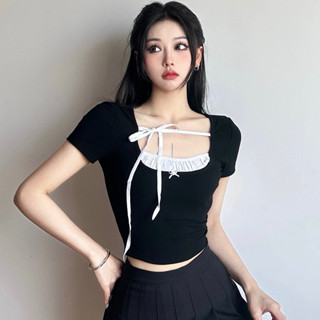 Áo croptop kiểu phối yếm cột dây tay ngắn trắng đen cổ vuông sang chảnh VANISA CT099