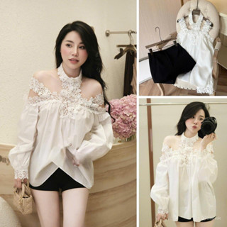 Áo sơ mi nữ trễ vai viền ren hoa cổ tay bồng dáng suông tiểu thư bánh bèo