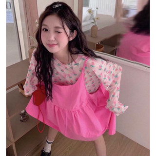 Set Yếm Baby Doll Form Rộng Ulzzang Phối Áo Thun Lưới, Hoạ Tiết Trái Đào Xinh Xắn