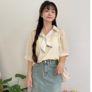 Áo sơ mi Spring cổ đức ngắn tay kèm khăn thắt nơ SMkemkhan