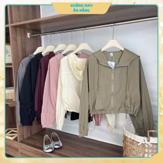 Áo khoác gió nữ croptop 2 lớp vải gió nhăn cao cấp 2024, lớp bên trong lót lưới có mũ