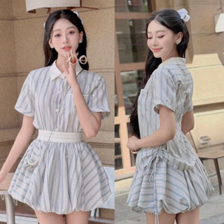 Set Đồ Nữ, Set Áo Sơmi Kẻ Sọc Dây Rút Eo Kèm Chân Váy Dáng Bí Phồng Phong Cách Tiểu Thư Sang Chảnh
