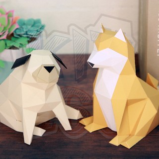 Mô hình giấy động vật Chó Pug Polygon