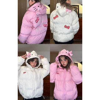 Áo khoác phao HELLO KITTY trắng mũ phối nơ hồng dễ thương