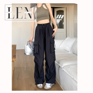  Quần túi hộp nữ rút gấu quần túi hộp quần cargo pants ống rộng phối vải kaki gió phối dây rút eo 