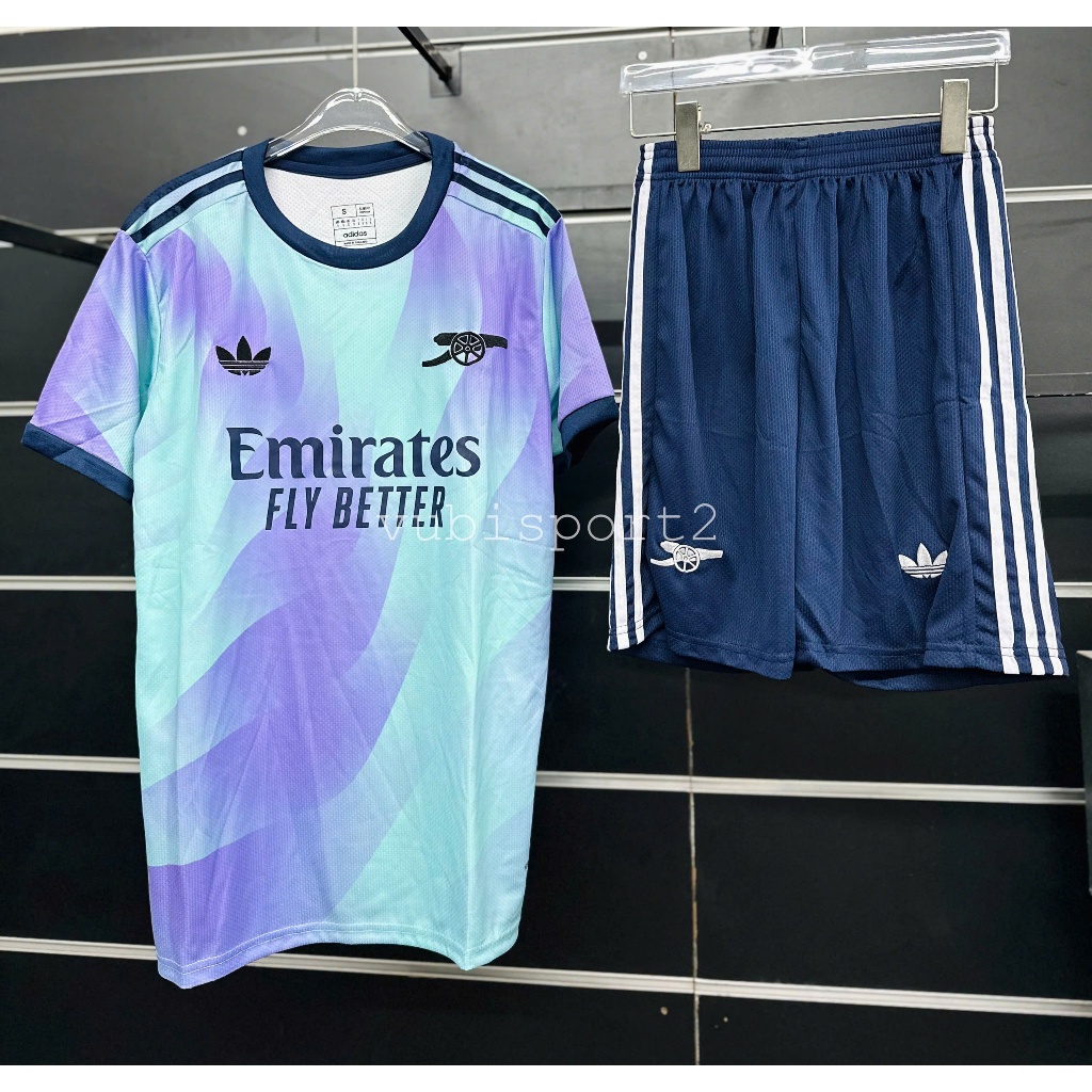 Set bộ quần áo thể thao bóng đá nam nữ vải thái clb Ars Arsenal 24/25 sân khách màu xanh tím loang 3d quần xanh than
