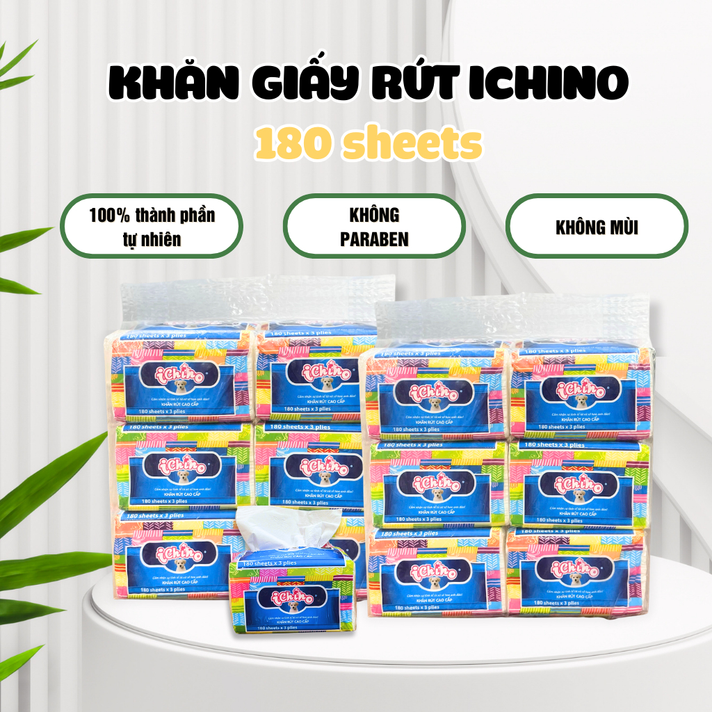 Combo 12 gói Giấy rút Ichino 180 sheets cao cấp, giấy ăn dai, thấm nước tốt, 3 lớp dày dặn, không mù