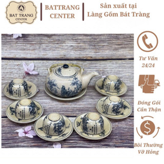 (MỚI RA LÒ)Ấm chén men rạn cổ Bát Tràng-bộ Trúc Lâm Thất Hiền, bộ Cổ Tự dưới gốc cây Tùng,bộ Nhị Cảnh Sơn Thuỷ quai đồng