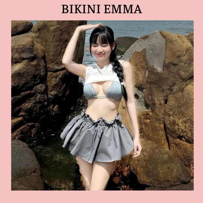 Set 3 Món Bikini Kín Đáo EMMA Phong Cách Cá Tính Gồm Áo Bikini + Quần Váy + Áo Ren Ngoài