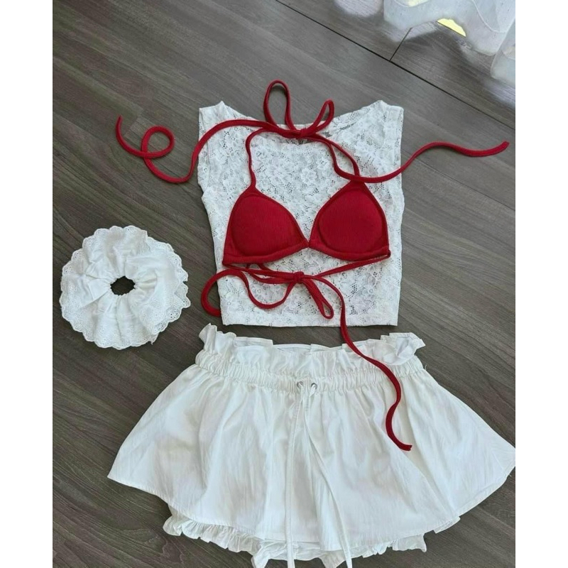 Set 3 Món Bikini Kín Đáo EMMA Phong Cách Cá Tính Gồm Áo Bikini + Quần Váy + Áo Ren Ngoài | BigBuy360 - bigbuy360.vn