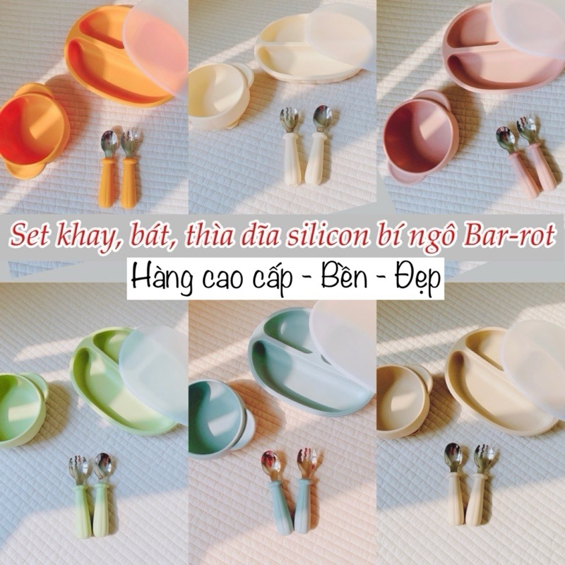 Bát, khay ăn dặm silicon bí ngô chống đổ Bar-rot, thìa dĩa ăn dặm Bar-rot