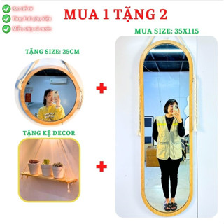 Gương treo tường toàn thân, Kính soi toàn thân khung viền gỗ dáng oval size35x115cm tặng phụ kiện guonghoangkim.official