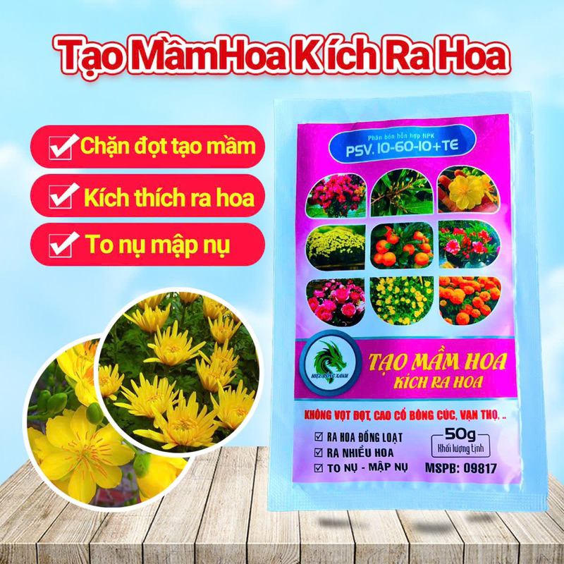 Phân bón PSV 10 - 60 - 10 + TE gói 50gr - kích ra hoa tạo mầm hoa, ra hoa đồng loạt, to nụ mập nụ