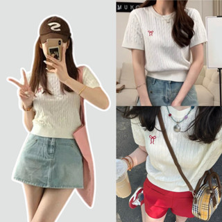 Áo len cộc tay cổ tròn thêu nơ chất dày dặn, áo mongtoghi hoạ tiết xoắn thừng Renee Store - AL2180