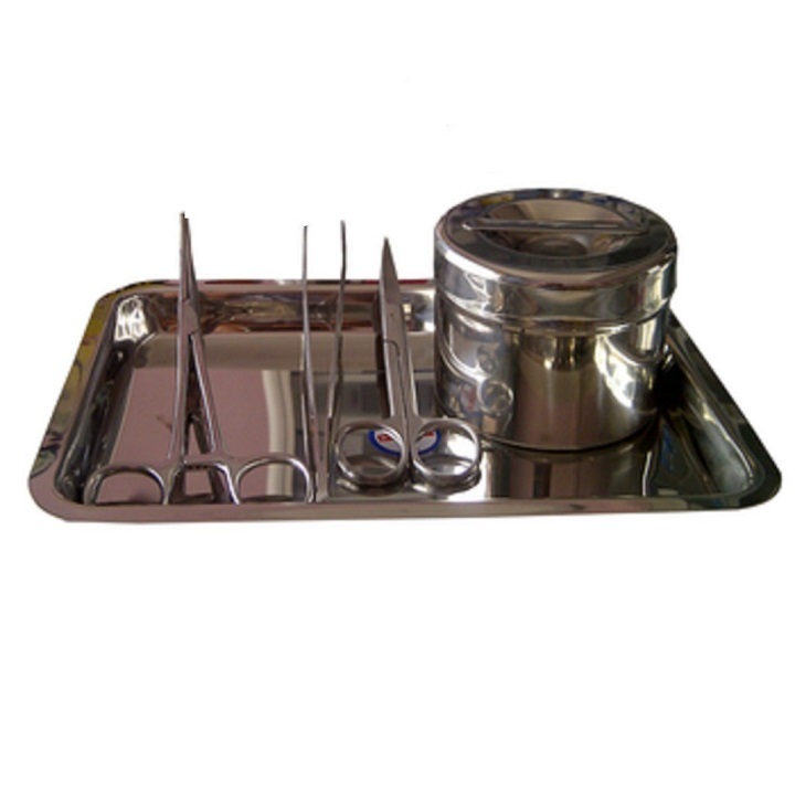 Bộ dụng cụ y tế gia đình (Bao gồm: khay đựng, hộp inox tròn, pank, kéo, nhíp)