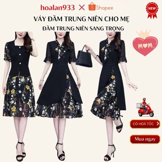 Đầm trung niên tặng mẹ dự tiệc màu đen phối voan hoa sang trọng, thanh lịch _ms554 đầm voan vàng