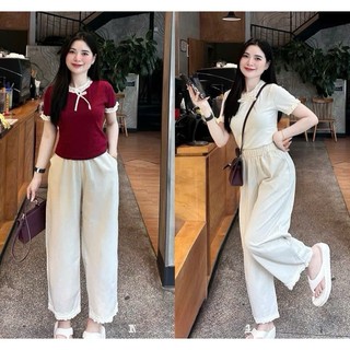  Set Bộ Áo Thun Nữ Tiểu Thư Ngắn Tay Kèm Quần Đũi Suông Trơn Thiết Kế Nhún Viền Tiểu Thư Xinh Xắn S1308 