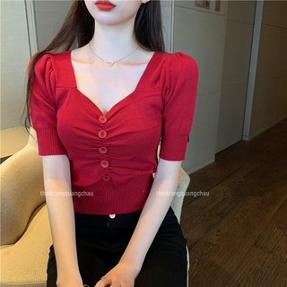 (Cận chất-Nhiều màu) Áo thun dệt kim cổ tim tay phồng thanh lịch mặc không nóng #Mã QC54