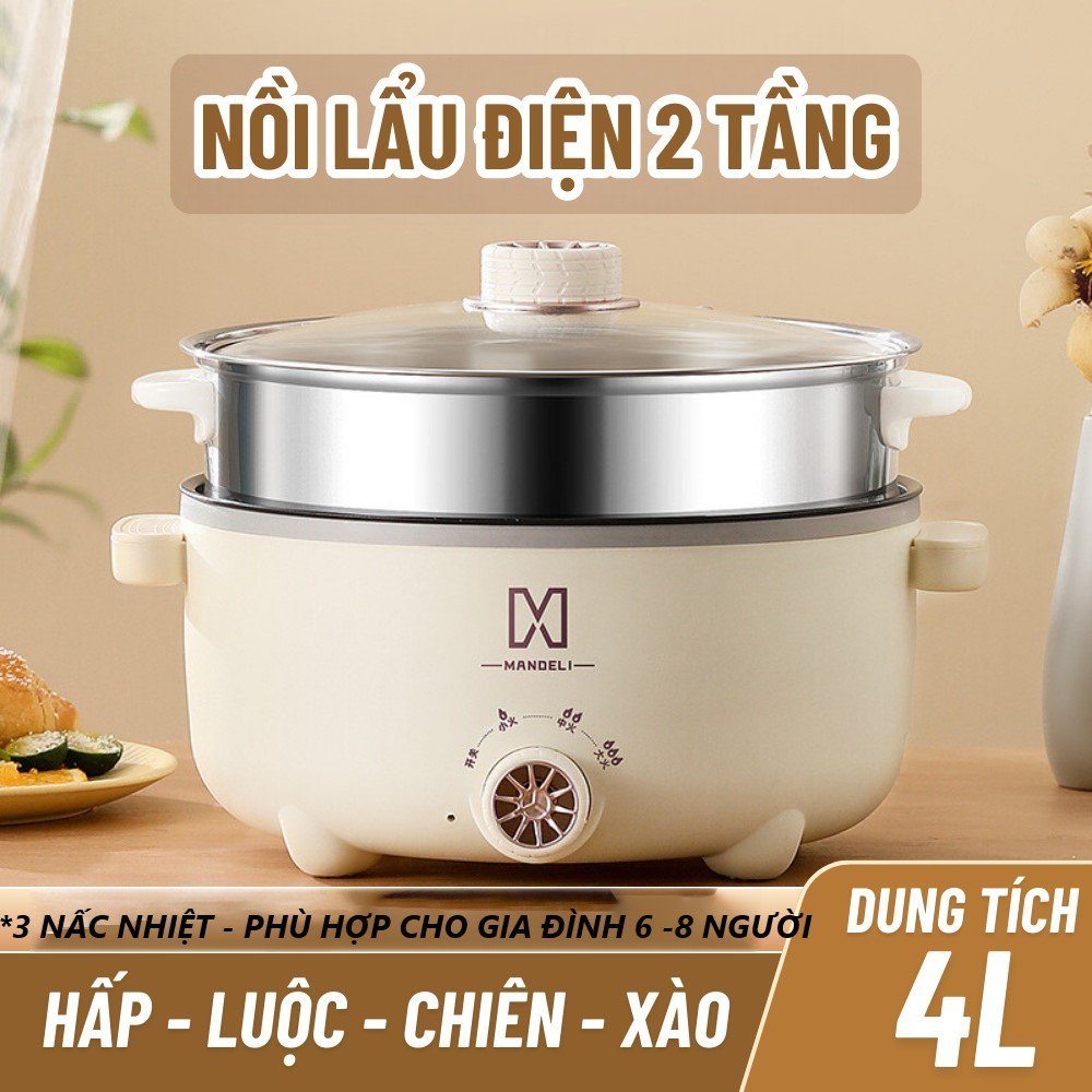 Nồi Lẩu  Đa Năng MANDELI 2 Tầng Công Suất 1000w Tặng Kèm Giá Hấp Inox + 12T BH FREESHIP