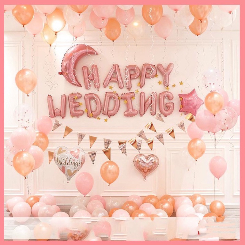 Set bóng bay HAPPY WEDDING tone màu hồng