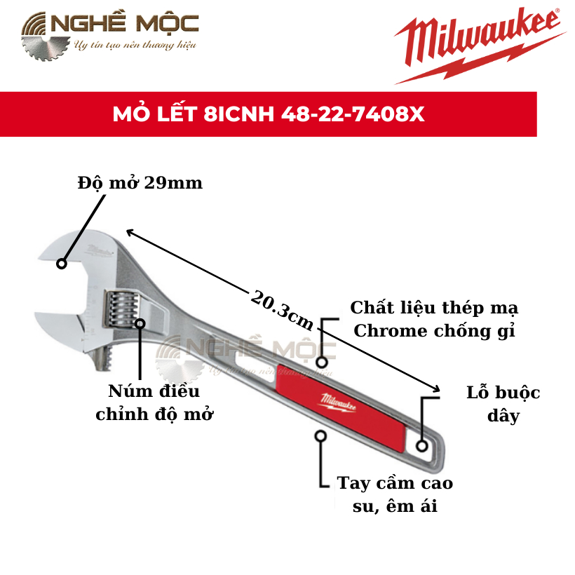Mỏ lết 8 inch Milwaukee 48-22-7408X, độ mở 29mm