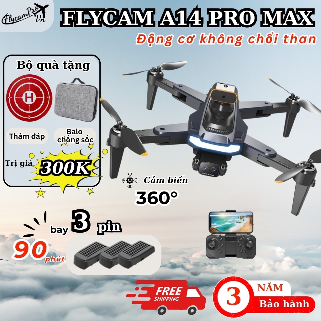 Flycam A14 Pro max, Plycam động cơ không chổi than, Cảm biến chống va chạm, Play cam camera kép 8k | BigBuy360 - bigbuy360.vn