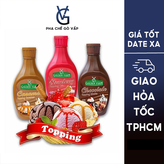 Xốt Golden Farm Topping các vị Chocolate, Caramel, Dâu, Matcha chai 630gr Nguyên liệu pha chế Gò Vấp